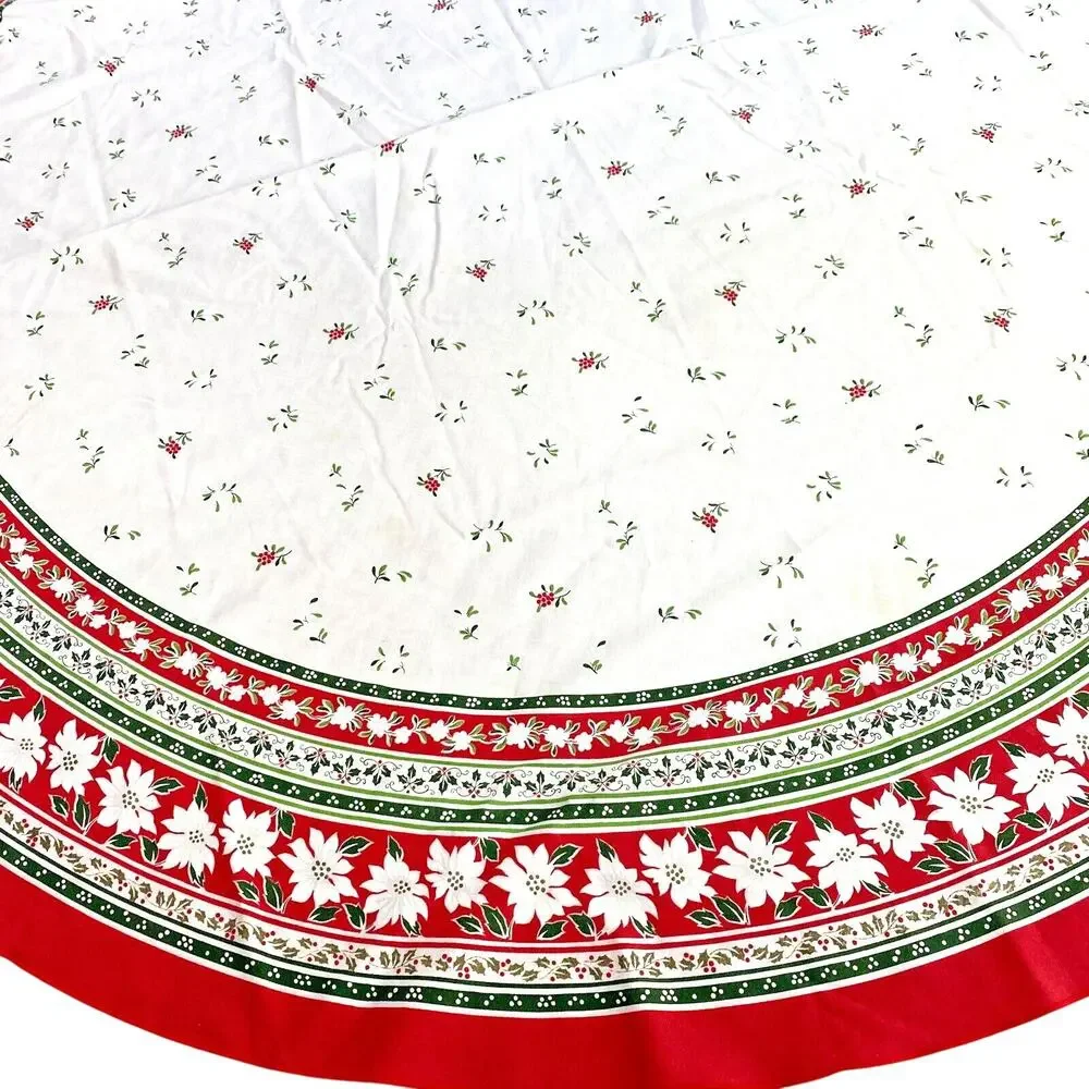 Vintage Christmas Tablecloth White Cotton Red & Green Border Oval Retro Holiday
